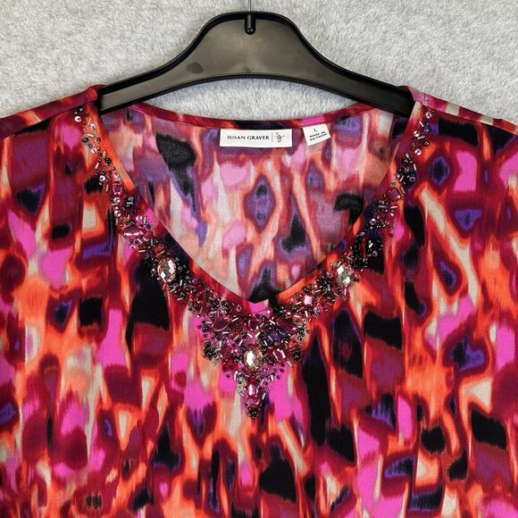 Susan Graver Red Artsy Jeweled Tone Beaded V Neck Women’s L Long Sleeve Blouse‎ - Picture 2 of 8